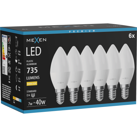 Mexen Nova 6x LED lemputė E14, C37, 7W, Šilta - 3000K, 735 lm - L102-E14-0730-01x06