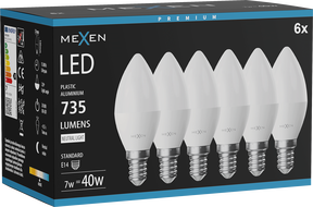 Mexen Nova 6x LED lemputė E14, C37, 7W, Neutrali - 4000K, 735 lm - L102-E14-0740-01x06