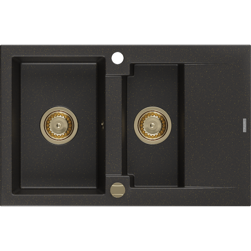 Mexen Gaspar granitinė 1,5 dubens kriauklė su nusausintuvu 737 x 475 mm, juoda/auksinis metalikas, auksinis sifonas