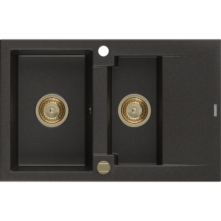 Mexen Gaspar granitinė 1,5 dubens kriauklė su nusausintuvu 737 x 475 mm, juoda/auksinis metalikas, auksinis sifonas