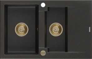 Mexen Gaspar granitinė 1,5 dubens kriauklė su nusausintuvu 737 x 475 mm, juoda/auksinis metalikas, auksinis sifonas