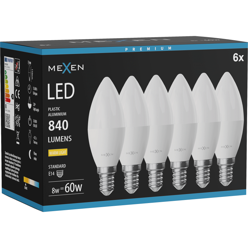 Mexen Nova 6x LED lemputė E14, C37, 8W, Šilta - 3000K, 840 lm - L102-E14-0830-01x06