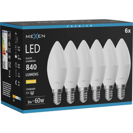 Mexen Nova 6x LED lemputė E14, C37, 8W, Šilta - 3000K, 840 lm - L102-E14-0830-01x06