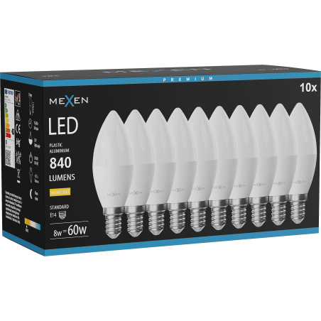 Mexen Nova 10x LED lemputė E14, C37, 8W, Šilta - 3000K, 840 lm - L102-E14-0830-01x10