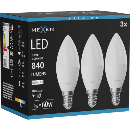 Mexen Nova 3x LED Lemputė E14, C37, 8W, Neutralus - 4000K, 840 lm - L102-E14-0840-01x03