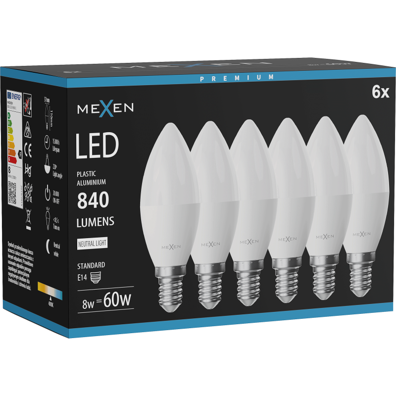 Mexen Nova 6x LED lemputė E14, C37, 8W, Neutralus - 4000K, 840 lm - L102-E14-0840-01x06