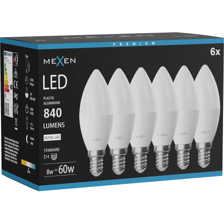 Mexen Nova 6x LED lemputė E14, C37, 8W, Neutralus - 4000K, 840 lm - L102-E14-0840-01x06