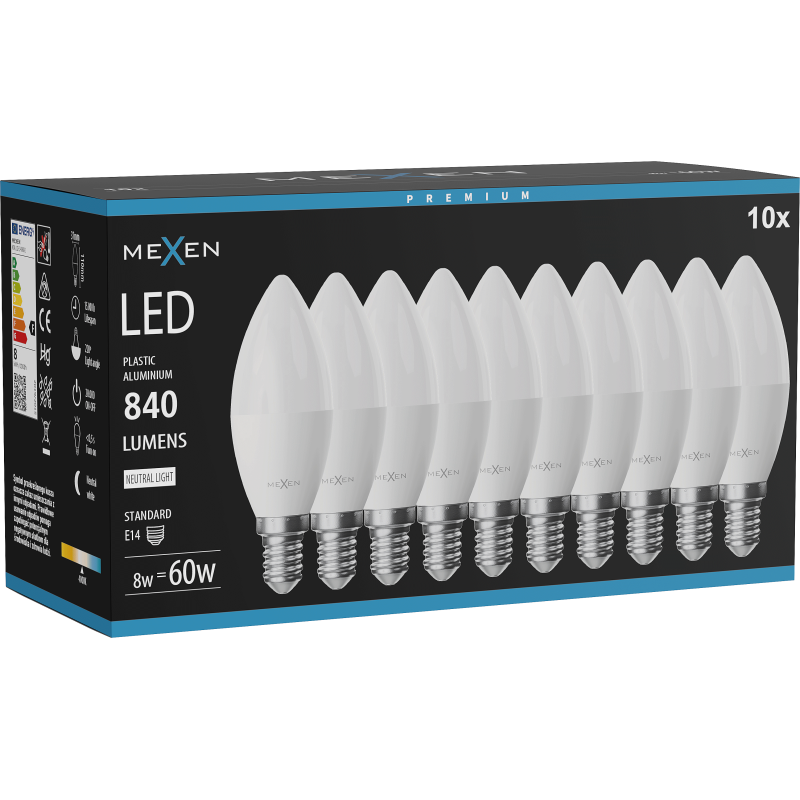 Mexen Nova 10x LED lemputė E14, C37, 8W, Neutrali - 4000K, 840 lm - L102-E14-0840-01x10