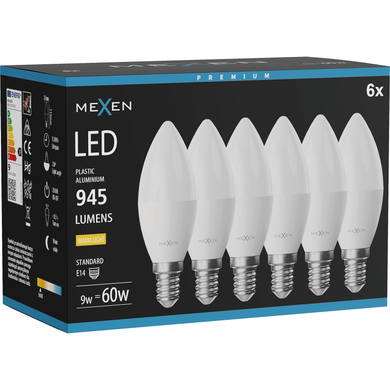 Mexen Nova 6x LED Lemputė E14, C37, 9W, Šilta - 3000K, 945 lm - L102-E14-0930-01x06