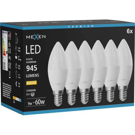 Mexen Nova 6x LED Lemputė E14, C37, 9W, Šilta - 3000K, 945 lm - L102-E14-0930-01x06