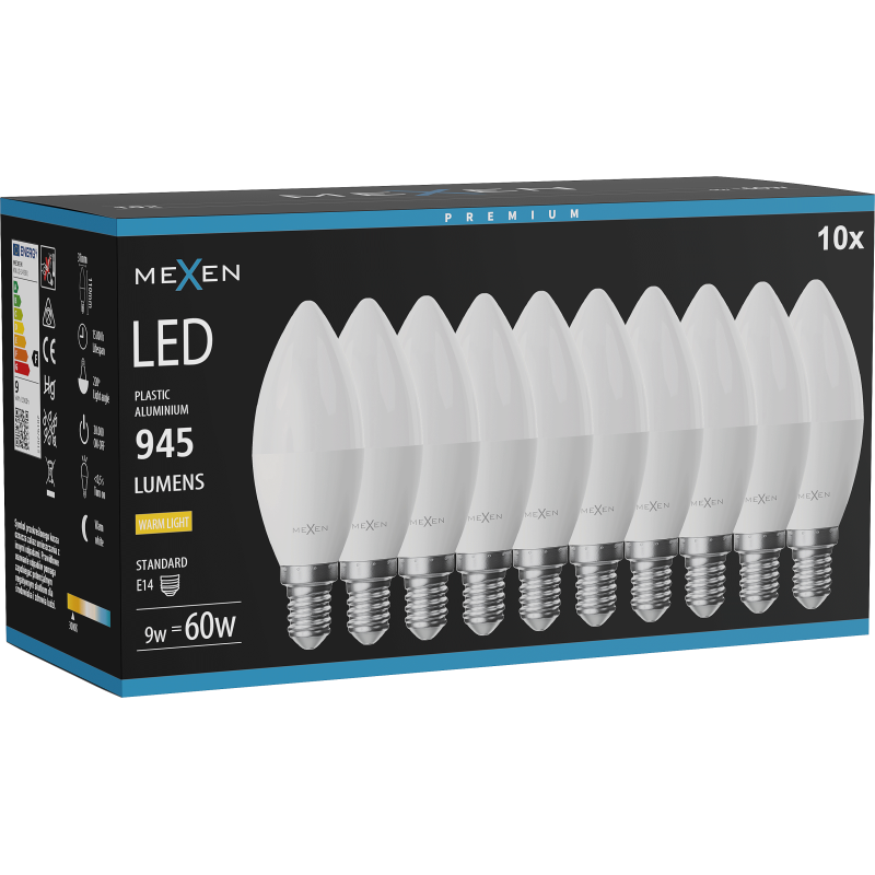Mexen Nova 10x LED lemputė E14, C37, 9W, Šilta - 3000K, 945 lm - L102-E14-0930-01x10
