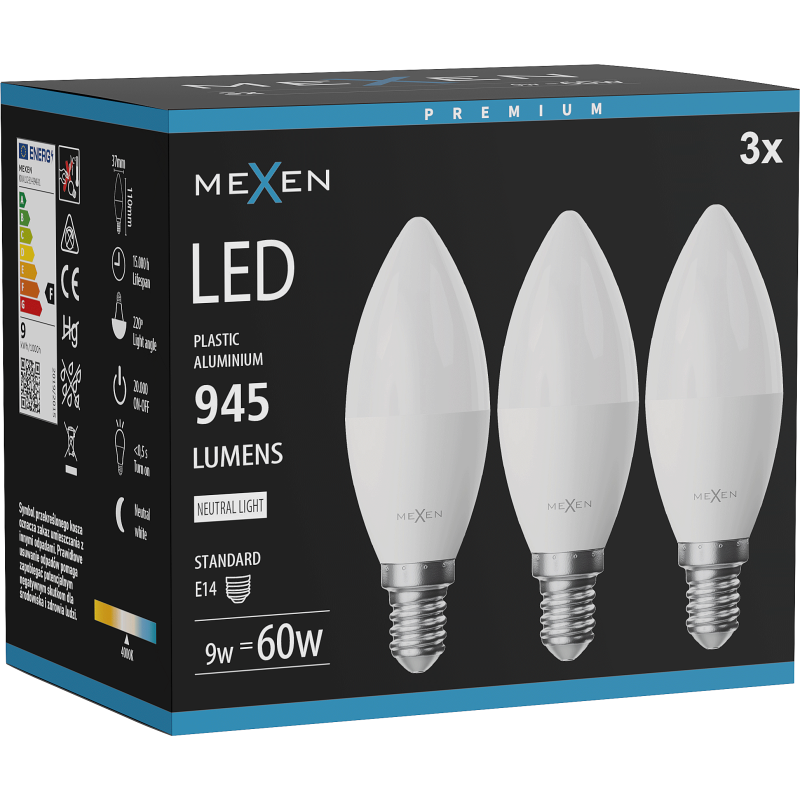 Mexen Nova 3x LED lemputė E14, C37, 9W, Neutralus - 4000K, 945 lm - L102-E14-0940-01x03