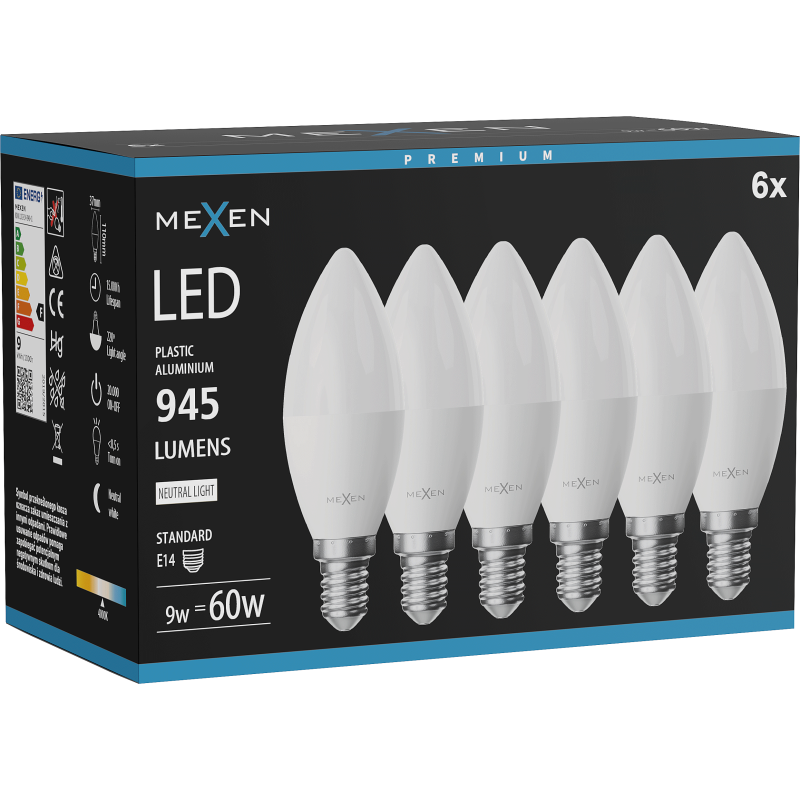 Mexen Nova 6x LED Lemputė E14, C37, 9W, Neutralus - 4000K, 945 lm - L102-E14-0940-01x06