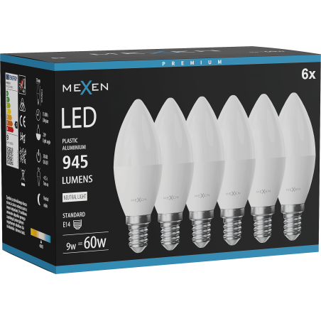 Mexen Nova 6x LED Lemputė E14, C37, 9W, Neutralus - 4000K, 945 lm - L102-E14-0940-01x06