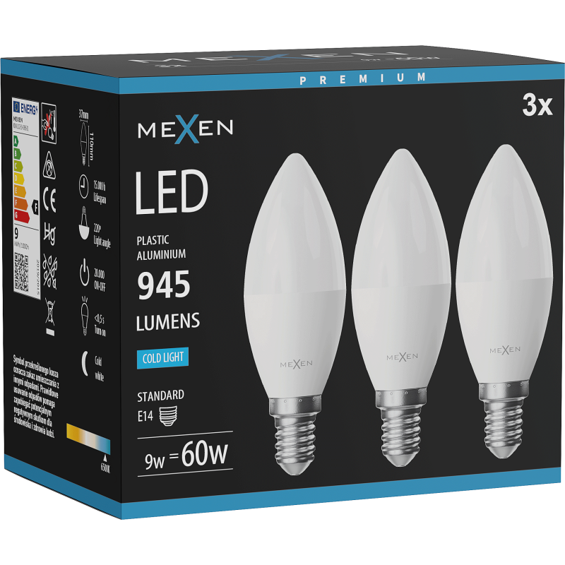 Mexen Nova 3x LED lemputė E14, C37, 9W, Šalta - 6500K, 945 lm - L102-E14-0965-01x03