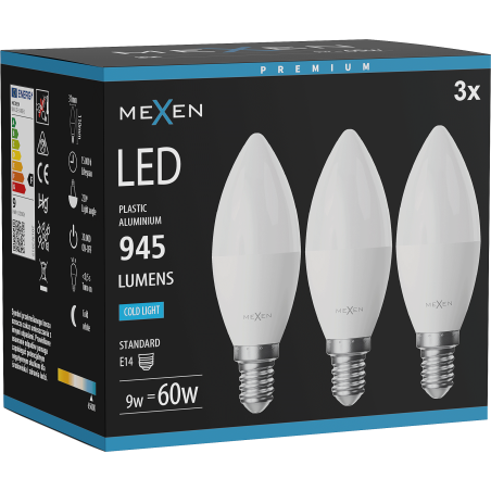 Mexen Nova 3x LED lemputė E14, C37, 9W, Šalta - 6500K, 945 lm - L102-E14-0965-01x03