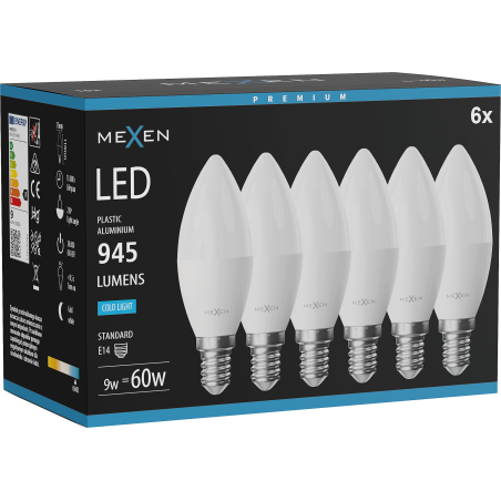 Mexen Nova 6x LED Lemputė E14, C37, 9W, Šalta - 6500K, 945 lm - L102-E14-0965-01x06