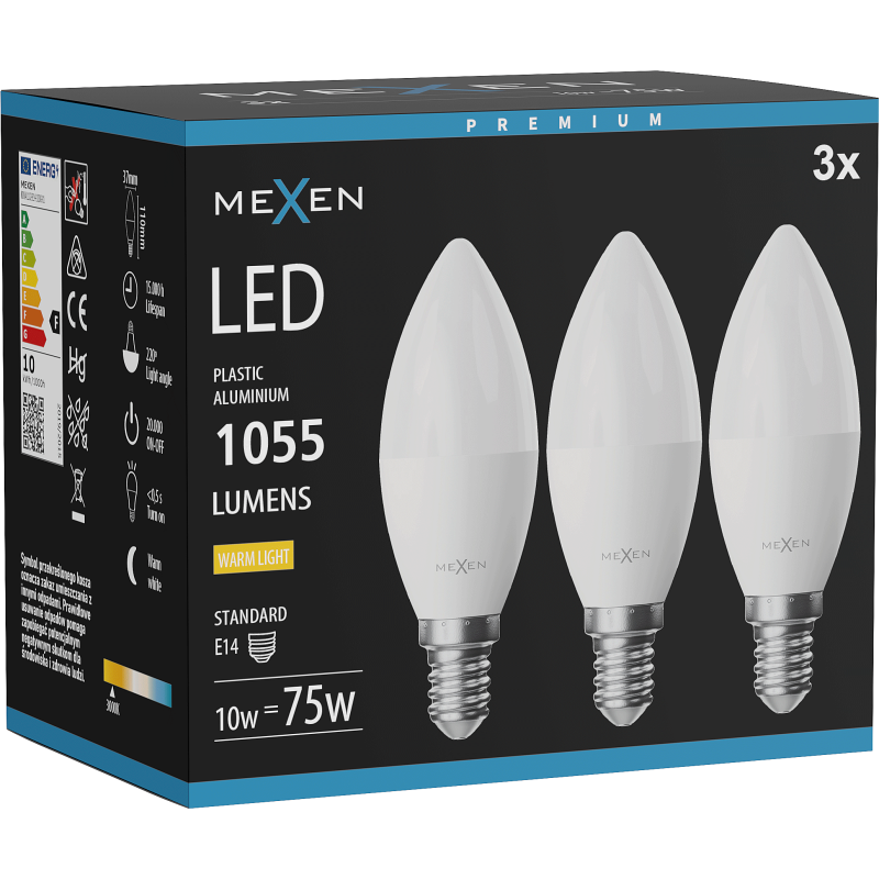 Mexen Nova 3x LED lemputė E14, C37, 10W, Šilta - 3000K, 1055 lm - L102-E14-1030-01x03