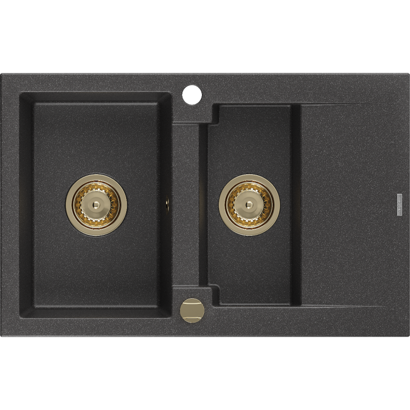 Mexen Gaspar granitinė 1,5 kamerų plautuvė su nutekėjimu 737 x 475 mm, juoda dėmelėta, auksinis sifonas - 6507731505-76-G
