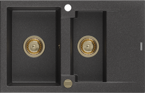 Mexen Gaspar granitinė 1,5 kamerų plautuvė su nutekėjimu 737 x 475 mm, juoda dėmelėta, auksinis sifonas - 6507731505-76-G