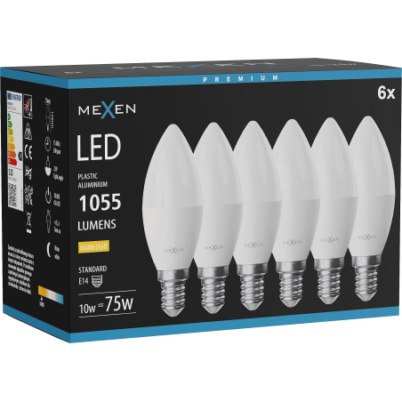 Mexen Nova 6x LED lemputė E14, C37, 10W, Šilta - 3000K, 1055 lm - L102-E14-1030-01x06