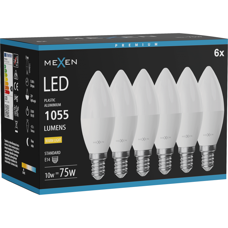 Mexen Nova 6x LED lemputė E14, C37, 10W, Šilta - 3000K, 1055 lm - L102-E14-1030-01x06