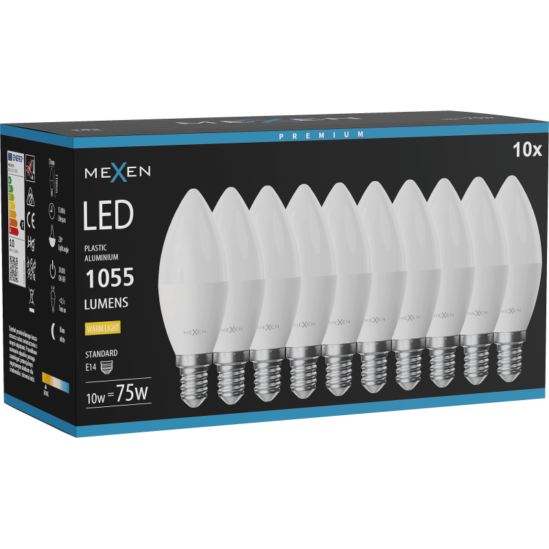 Mexen Nova 10x LED lemputė E14, C37, 10W, Šilta - 3000K, 1055 lm - L102-E14-1030-01x10
