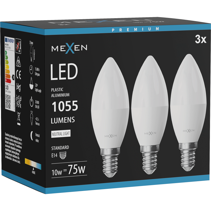 Mexen Nova 3x LED lemputė E14, C37, 10W, Neutralus - 4000K, 1055 lm - L102-E14-1040-01x03