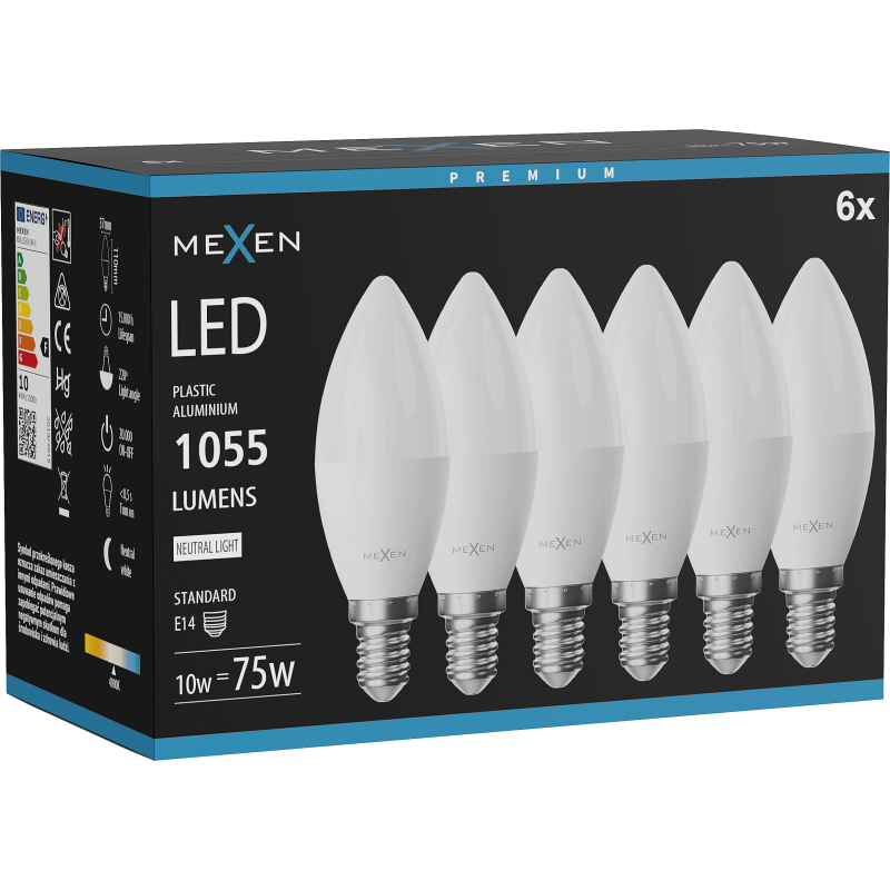 Mexen Nova 6x LED lemputė E14, C37, 10W, Neutrali - 4000K, 1055 lm - L102-E14-1040-01x06