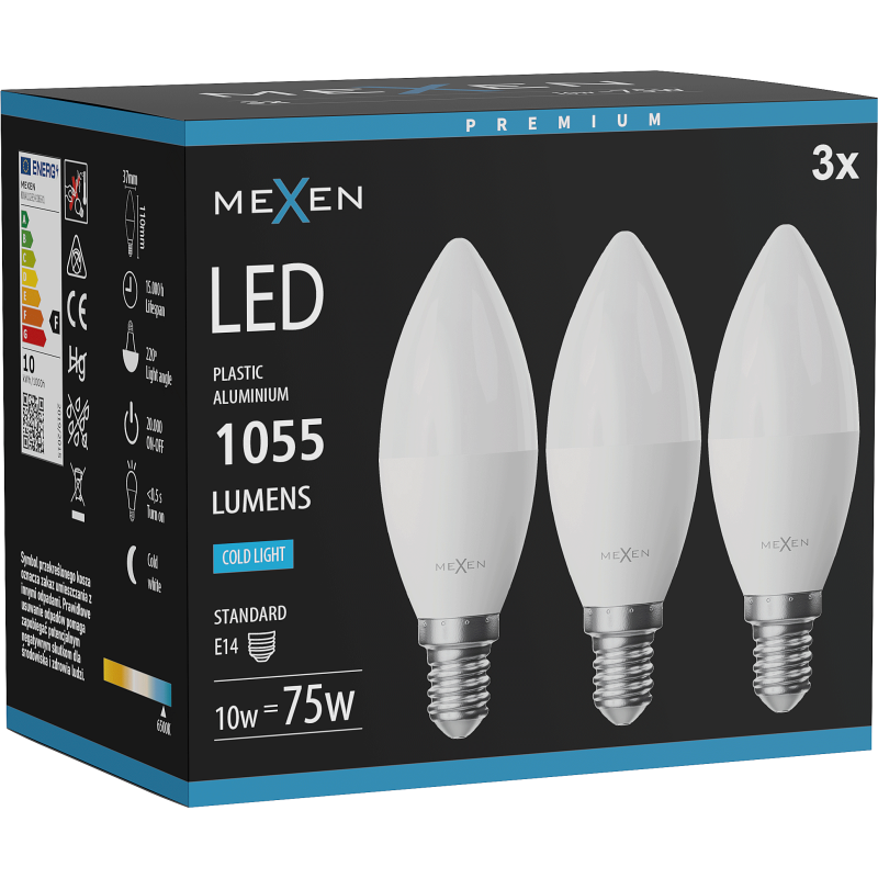 Mexen Nova 3x LED lemputė E14, C37, 10W, Šalta - 6500K, 1055 lm - L102-E14-1065-01x03