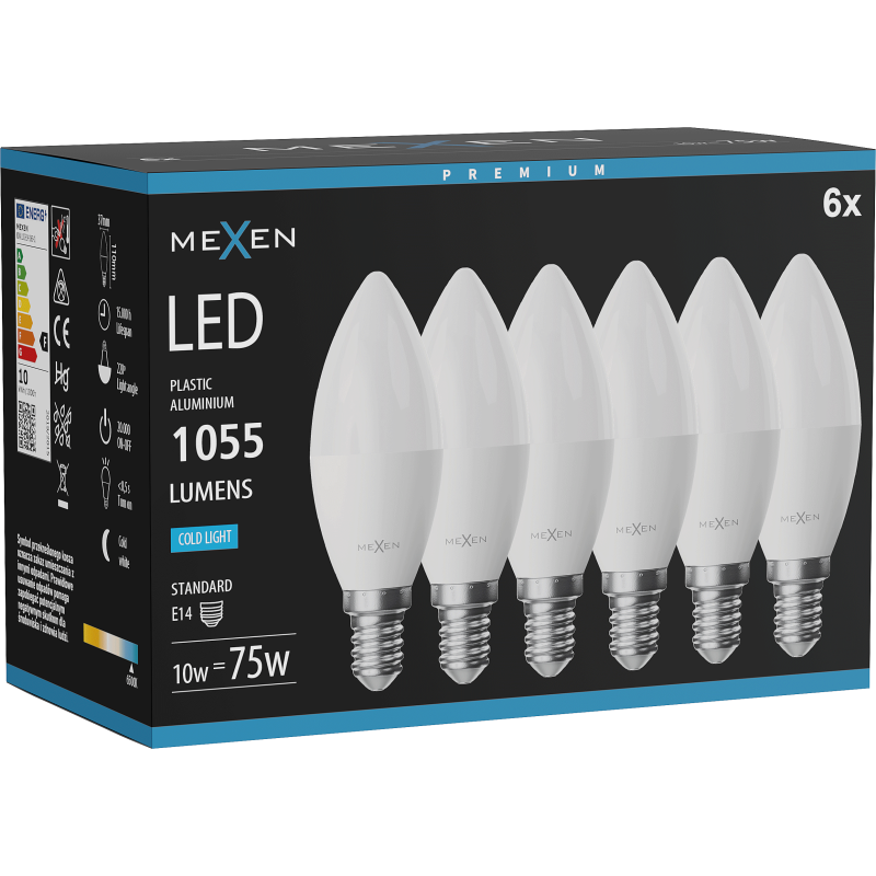 Mexen Nova 6x LED lemputė E14, C37, 10W, Šalta - 6500K, 1055 lm - L102-E14-1065-01x06