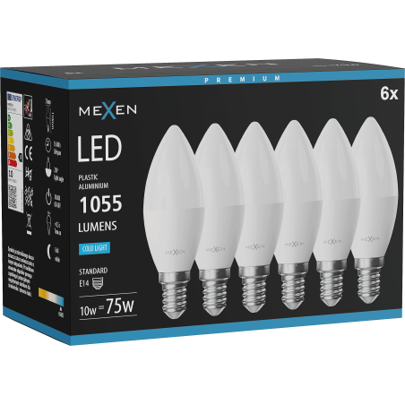 Mexen Nova 6x LED lemputė E14, C37, 10W, Šalta - 6500K, 1055 lm - L102-E14-1065-01x06