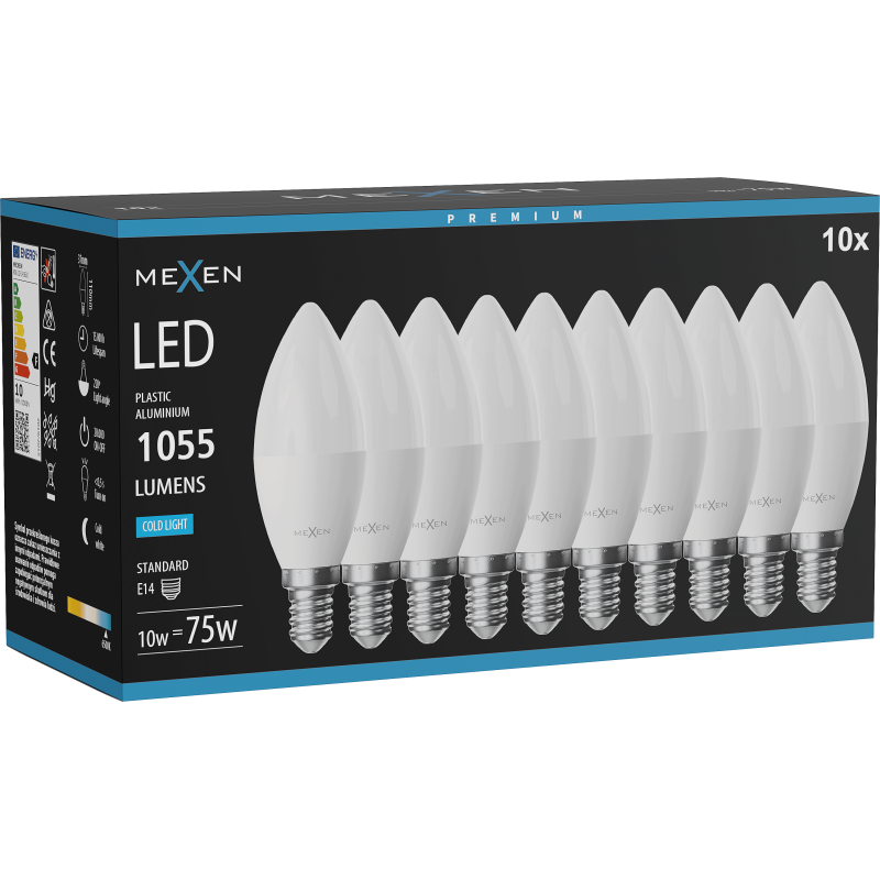 Mexen Nova 10x LED lemputė E14, C37, 10W, Šalta - 6500K, 1055 lm - L102-E14-1065-01x10