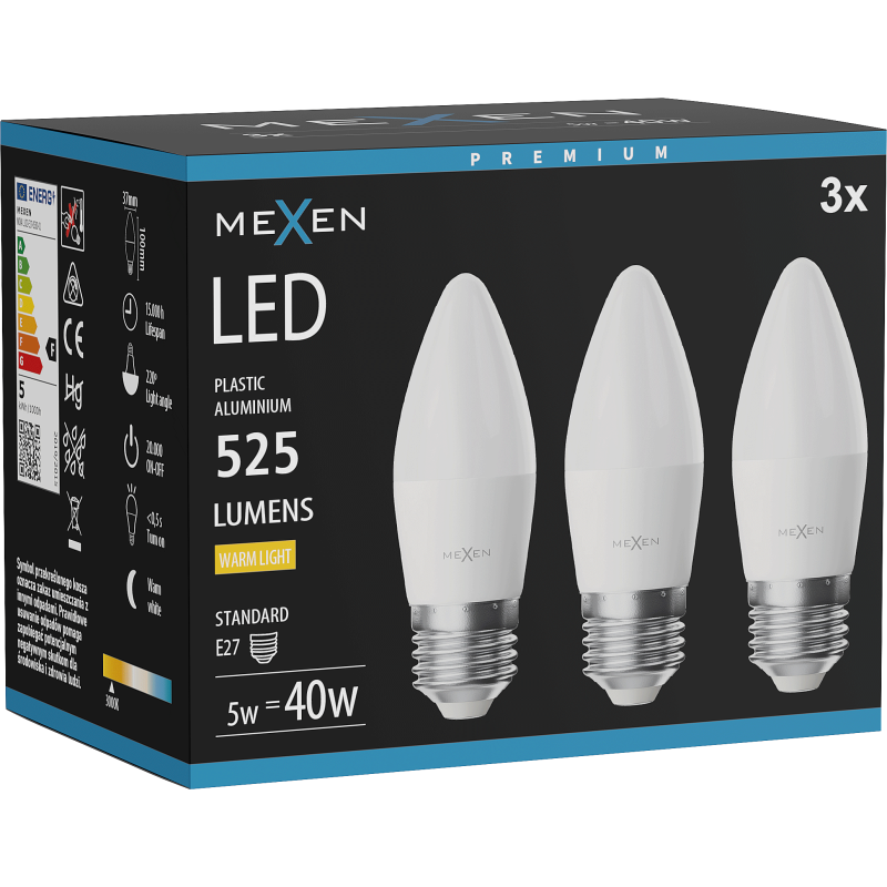 Mexen Nova 3x LED lemputė E27, C37, 5W, Šilta - 3000K, 525 lm - L102-E27-0530-01x03