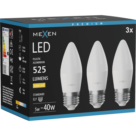 Mexen Nova 3x LED lemputė E27, C37, 5W, Šilta - 3000K, 525 lm - L102-E27-0530-01x03