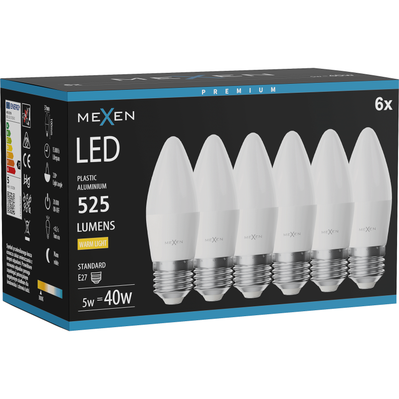 Mexen Nova 6x LED lemputė E27, C37, 5W, Šilta - 3000K, 525 lm - L102-E27-0530-01x06