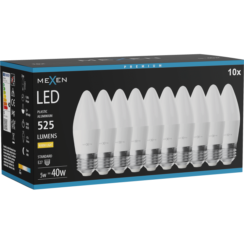 Mexen Nova 10x LED lemputė E27, C37, 5W, Šilta - 3000K, 525 lm - L102-E27-0530-01x10
