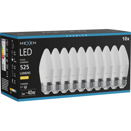 Mexen Nova 10x LED lemputė E27, C37, 5W, Šilta - 3000K, 525 lm - L102-E27-0530-01x10
