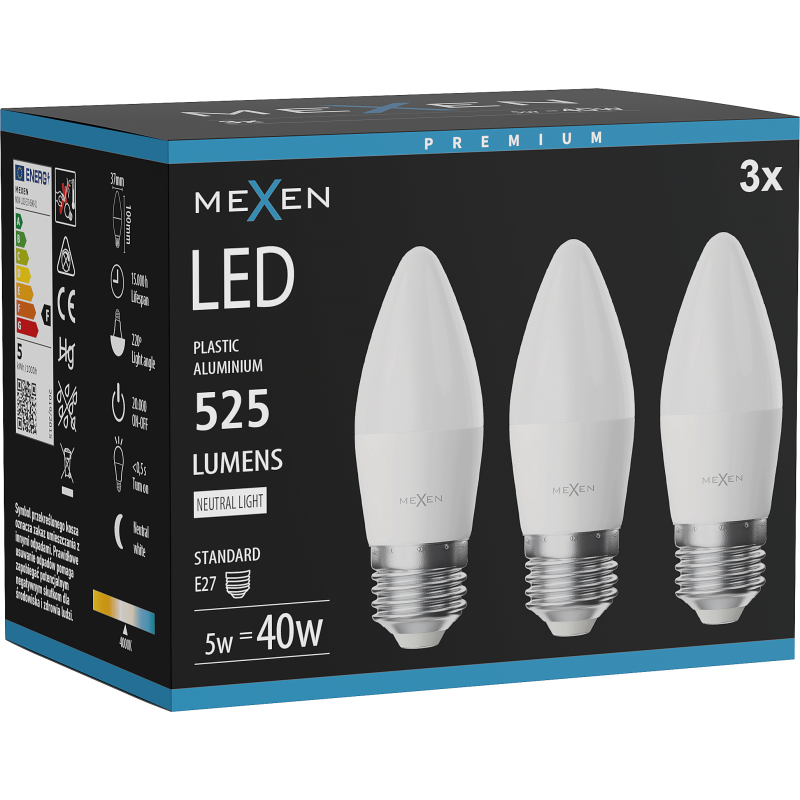 Mexen Nova 3x LED lemputė E27, C37, 5W, Neutralus - 4000K, 525 lm - L102-E27-0540-01x03