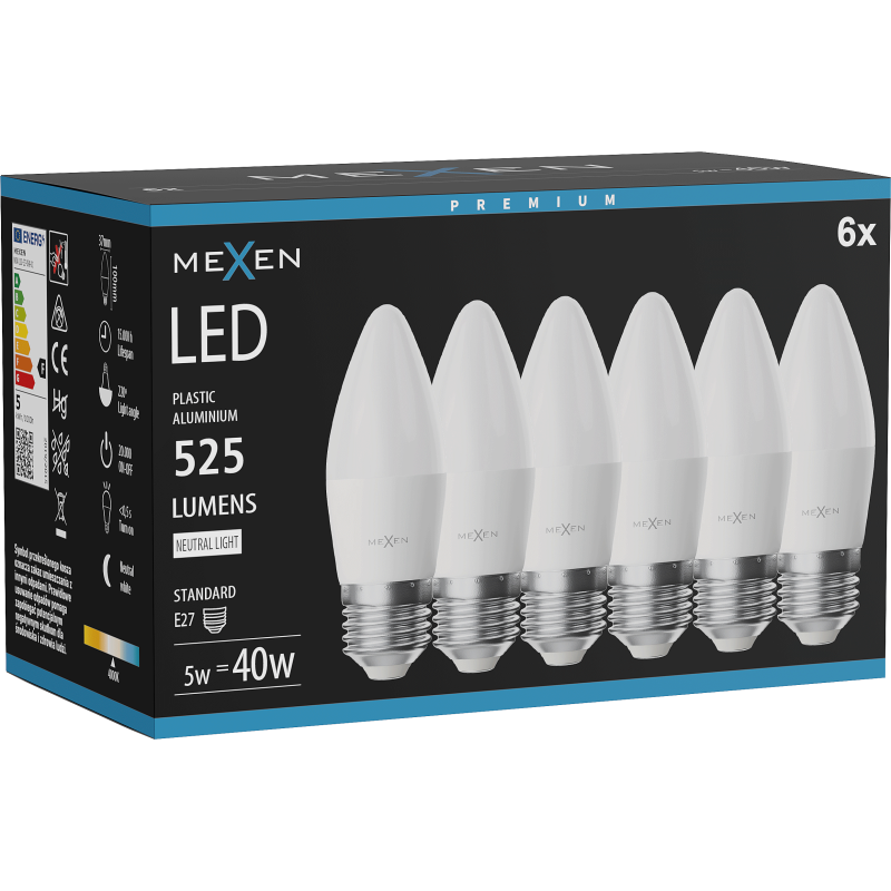 Mexen Nova 6x LED lemputė E27, C37, 5W, Neutrali - 4000K, 525 lm - L102-E27-0540-01x06