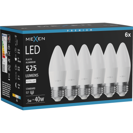 Mexen Nova 6x LED lemputė E27, C37, 5W, Neutrali - 4000K, 525 lm - L102-E27-0540-01x06