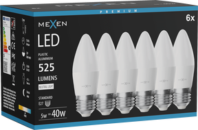 Mexen Nova 6x LED lemputė E27, C37, 5W, Neutrali - 4000K, 525 lm - L102-E27-0540-01x06