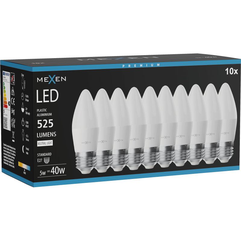 Mexen Nova 10x LED lemputė E27, C37, 5W, Neutralus - 4000K, 525 lm - L102-E27-0540-01x10