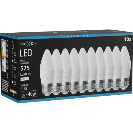 Mexen Nova 10x LED lemputė E27, C37, 5W, Neutralus - 4000K, 525 lm - L102-E27-0540-01x10