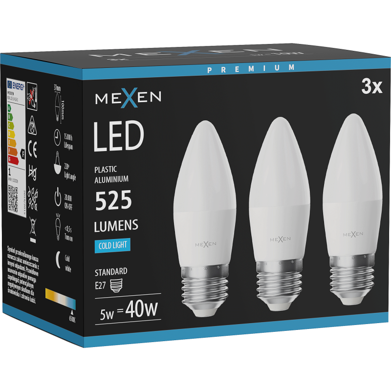 Mexen Nova 3x LED lemputė E27, C37, 5W, Šalta - 6500K, 525 lm - L102-E27-0565-01x03