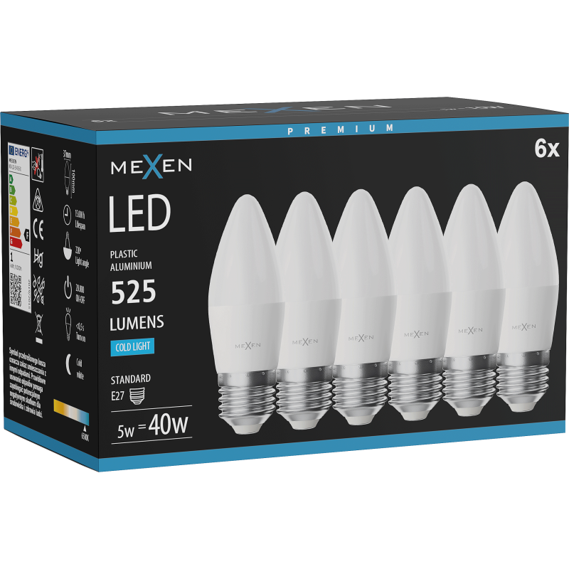 Mexen Nova 6x LED lemputė E27, C37, 5W, Šalta - 6500K, 525 lm - L102-E27-0565-01x06