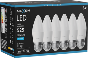 Mexen Nova 6x LED lemputė E27, C37, 5W, Šalta - 6500K, 525 lm - L102-E27-0565-01x06