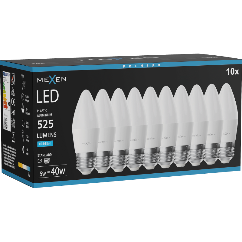 Mexen Nova 10x LED lemputė E27, C37, 5W, Šalta - 6500K, 525 lm - L102-E27-0565-01x10