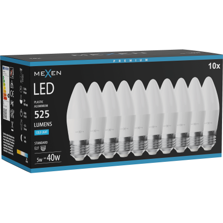Mexen Nova 10x LED lemputė E27, C37, 5W, Šalta - 6500K, 525 lm - L102-E27-0565-01x10