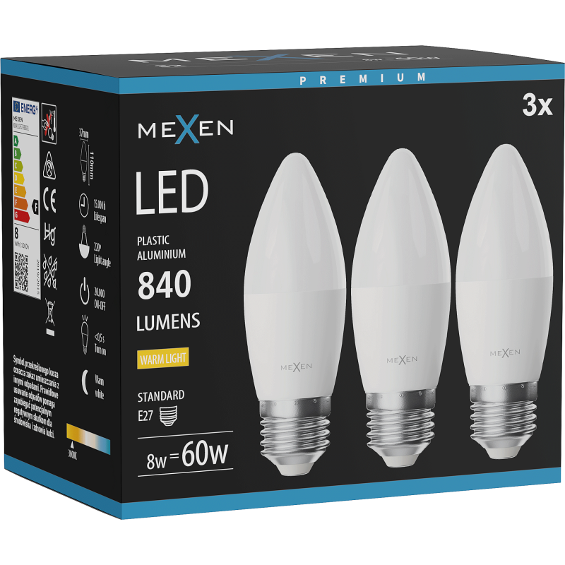 Mexen Nova 3x LED lemputė E27, C37, 8W, Šilta - 3000K, 840 lm - L102-E27-0830-01x03